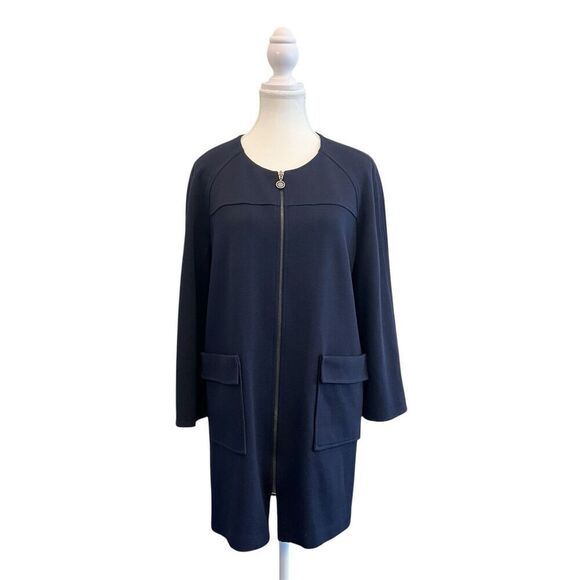 St. John Navy Blue Wool Blend Full Zip 3/4 Sleeve Knit Jacket Blazer Size Large - Picture 1 of 10